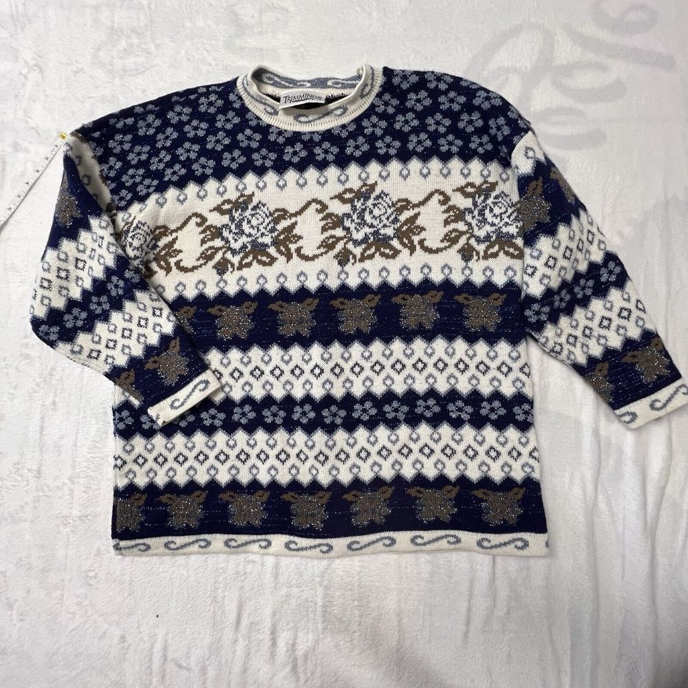 Vintage Trimmings Grandpa‎ Sweater Womens 22 W Thick Winter Shimmer Blue Granny